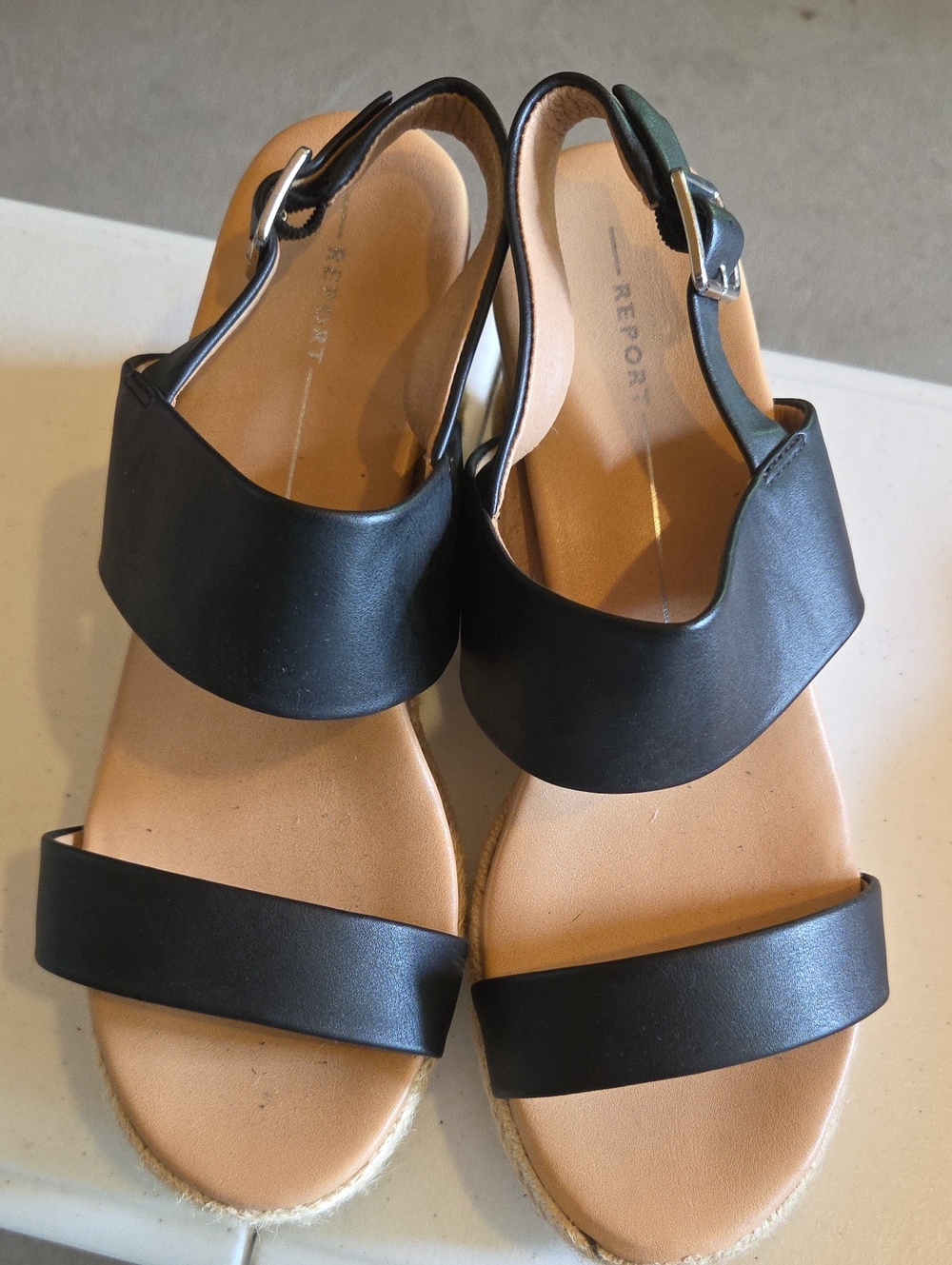 Report Black Leather Double-Strap Slingback Sandals
